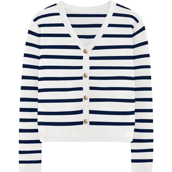 Women's Striped Cardigan Sweaters - White Blue - Picture 1 of 6